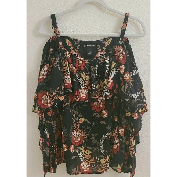 Inc International Concepts Black Floral Cold Shoulder Ruffle Blouse sz L New - Picture 1 of 7
